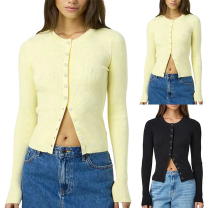 Ribbed Knit Cardigan T-shirt Long Sleeve Women Slim Fit O-neck Crop Top Button Korean Chic Women Clothing Sweater Streetwear New