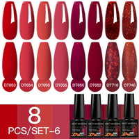 MEET ACROSS 8Pcs/Set Sparkly Rose Red Purple Gel Nail Polish Glitter Semi Permanent Nail Art Gel Vernis For Nails Manicure Kits