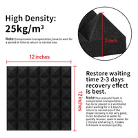 24 Packs Acoustic Foam Panels Pyramid 2" X 12" X 12", Soundproofing Foam Noise Cancelling Foam with 120 PCS Double-Side adhesive