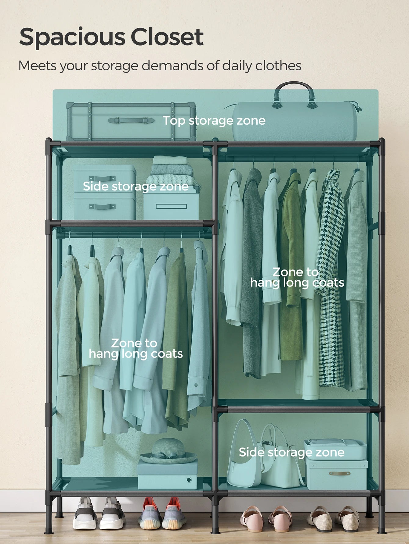 SONGMICS 74.8" H Garment Rack, Clothing Rack, Portable Closet Wardrobe With Hanging Rails And Shelves, Total Load 242 Lb, Eas