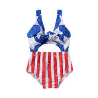 Youthful Girl s Patriotic  Swimsuit Sleeveless V Neck Cutout Beach Pool Swimwear Romper for 4th of July Celebrations