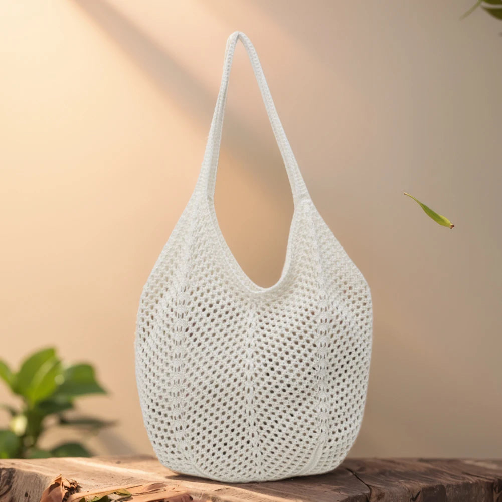 Women Hollow Summer Bag Solid Color Aesthetic Hobo Bag Large Capacity Knitted Tote Handbag Ladies Daily Handbag