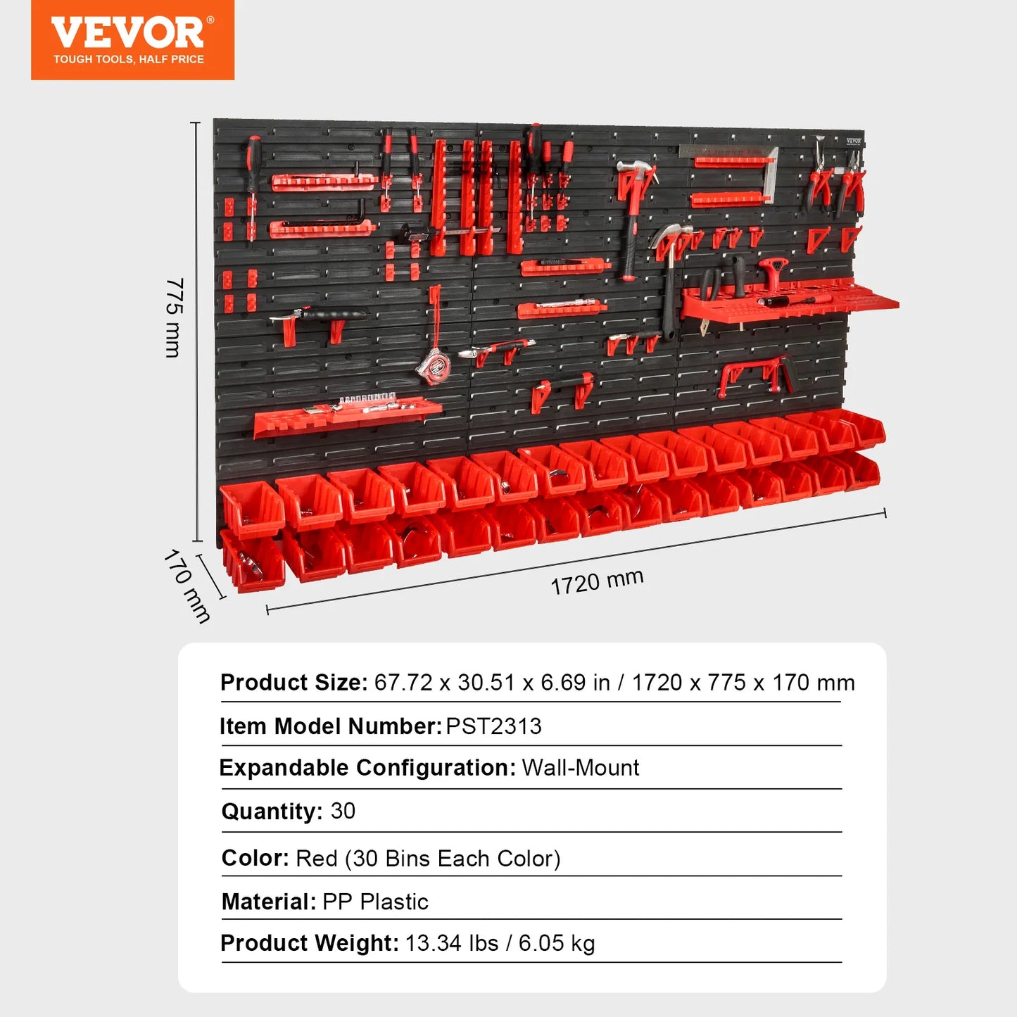 VEVOR Wall Mounted Storage Bins 30/48-Bin Parts Rack Organizer Garage with Wall Panels Hooks Plastic Shop Tool for Screw Nails