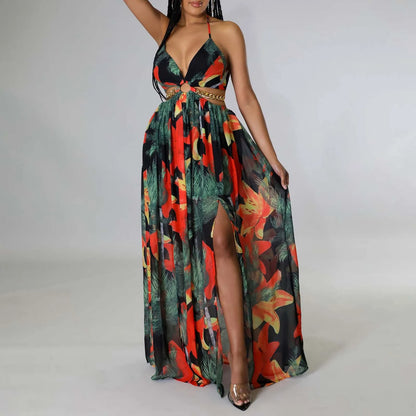 Floral Print Maxi Dress For Women Stylish French Halterneck Summer Dress Mid Length Camisole Dress Elegant High Split Dress