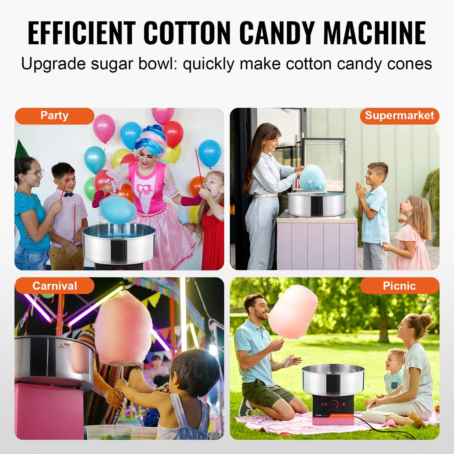 VEVOR Electric Cotton Candy Machine Candy Floss Maker Commercial Cotton Candy Machine with Stainless Steel Bowl and Sugar Scoop