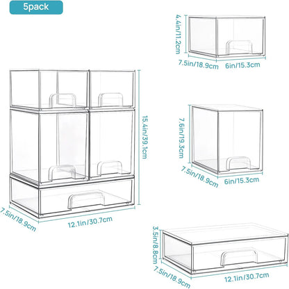 Stackable Storage Drawers Set of 5, Clear Plastic Organizer Bins for Beauty Supplies,Ideal for Vanity, Bathroom