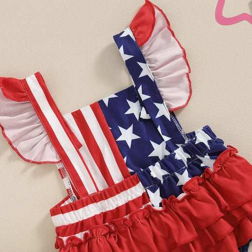 Red White Blue Patriotic Sleeveless Romper with Bow Headband for Baby Girls 4th of July Celebration Outfit
