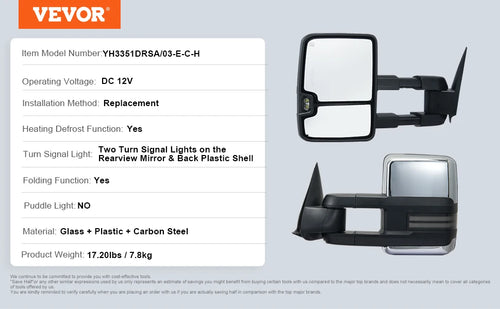 VEVOR 1Pair Towing Mirror Power Heated Temp Sensor with Signal Light Tow Mirrors for Chevrolet Silverado 2003-2014/GMC/Cadillac