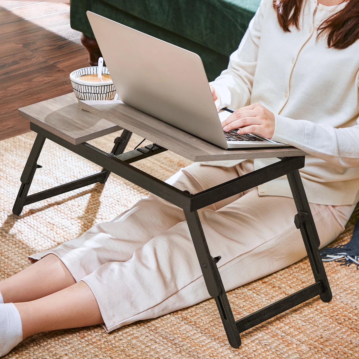 SONGMICS Laptop Desk for Bed or Sofa with Tilting Top, Breakfast Serving Tray with Folding Legs, Fits up to 15.6 Inches Screen
