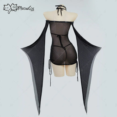 MEOWCOS Women Gothic Black Sexy Lingerie Skeleton Print See Though Dress and Bikini Set with Choker