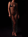 Women s Sheer Mesh Dress Sleeveless Round Neck Pearl Long Dress Bikini Cover Up Dress