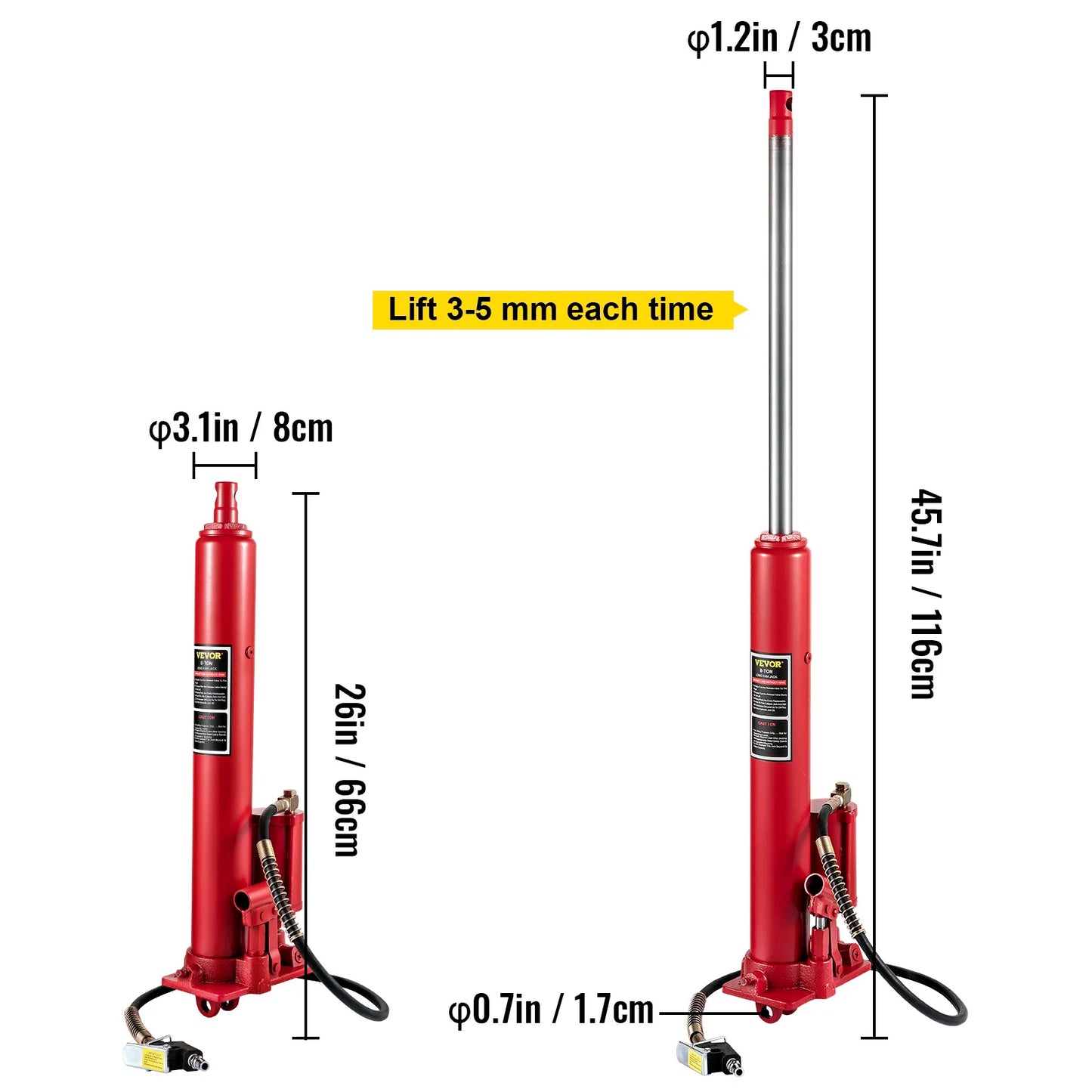 VEVOR Hydraulic/Pneumatic Long Ram Jack 8 Tons/17363 lbs Capacity, with Single Piston Pump and Clevis Base Manual Cherry Picker