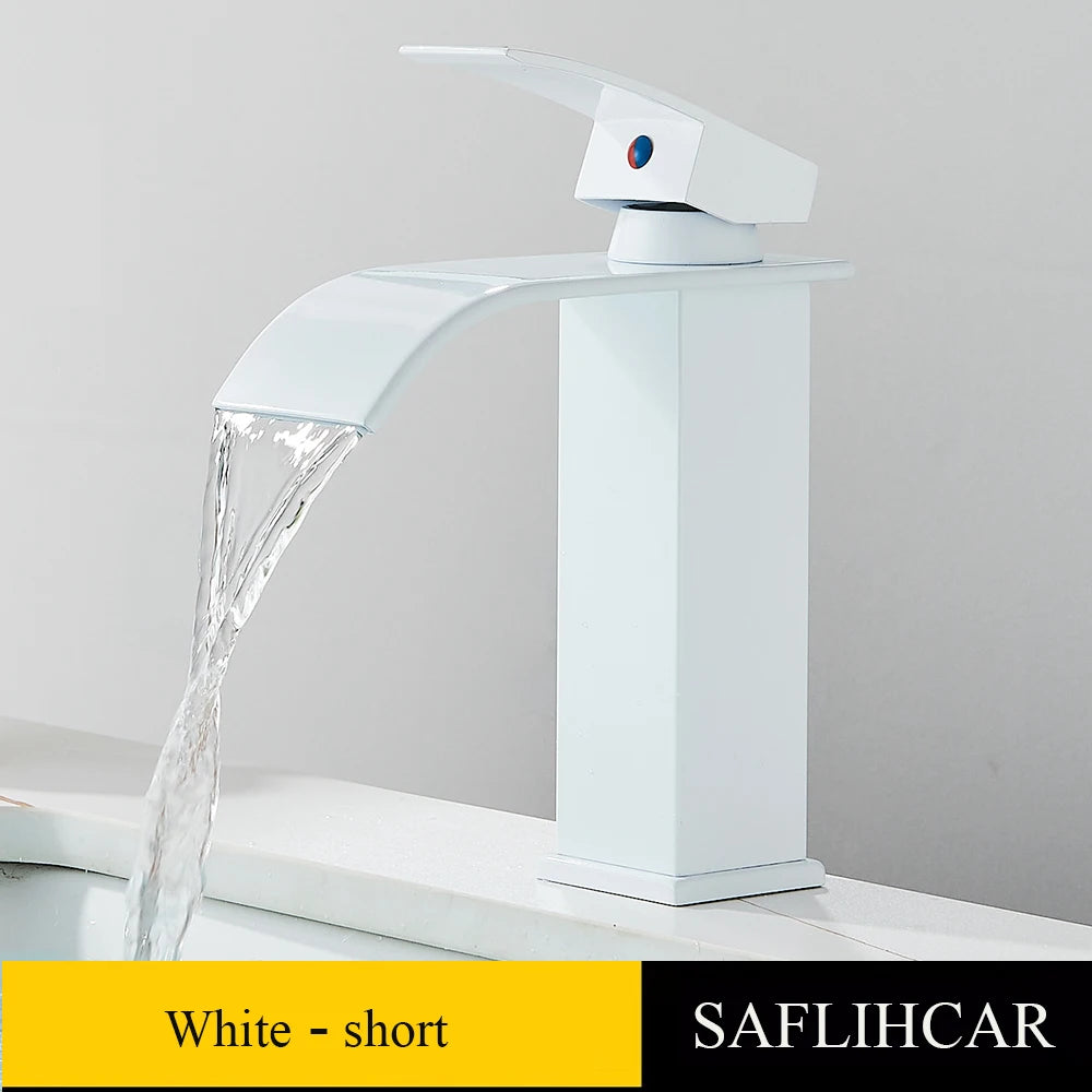 Bathroom Black Waterfall Basin Sink Faucet Brass Cold Hot Water Mixer Vanity Tap Deck Mounted Washbasin Tap