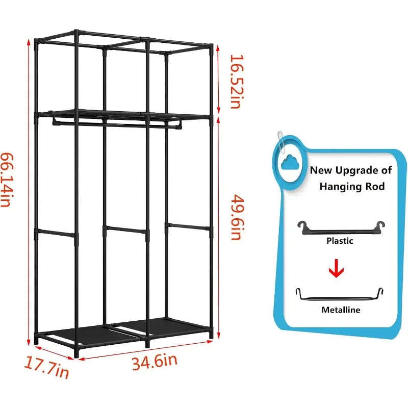 Portable Wardrobe Closet Storage Organizer Metal Hanging Rack Non-Woven Fabric 34 Inch