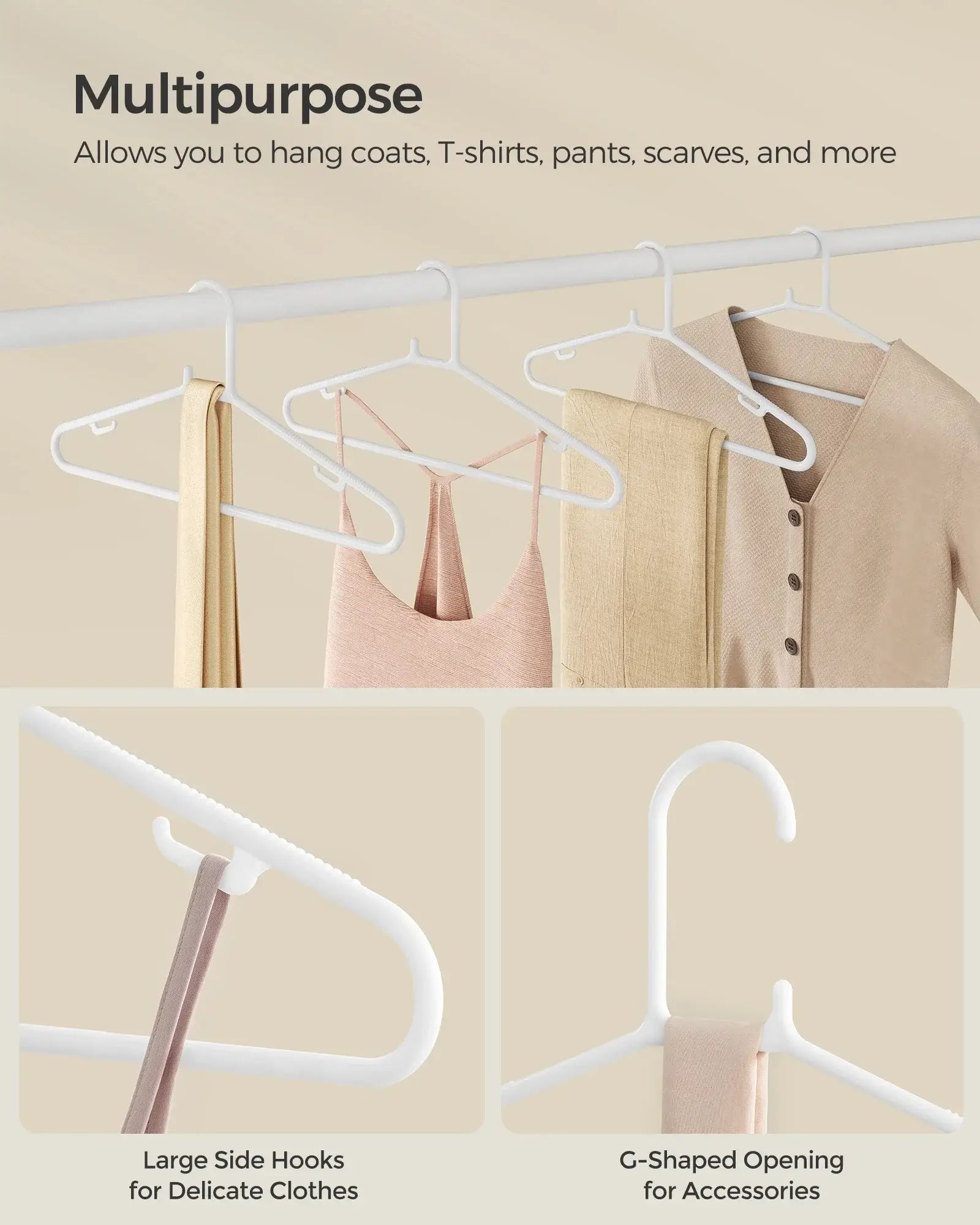 Multipurpose SONGMICS plastic hangers for coats, T-shirts, pants, and scarves with large side hooks and G-shaped opening.