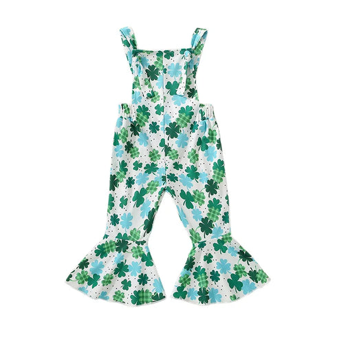St Patrick s Day Toddler Girls Green Clover Print Sleeveless Flare Leg Jumpsuit Overalls Romper with Ruffles