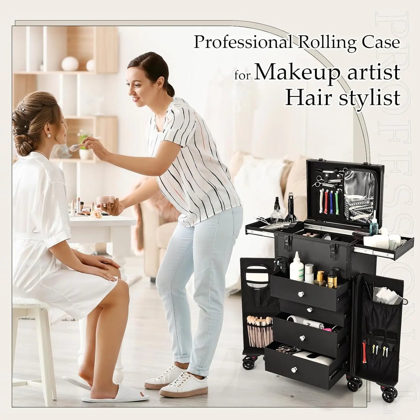 Professional Rolling Makeup Case 4 Drawers  Artist Cosmetic Train Case Hairstylist Travel Case Portable Station
