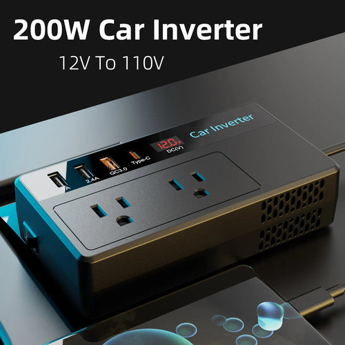 200W Car Inverter DC 12V To 110V AC Power Inverters 3 USB 1 Type-C Ports Charger Adapter Car Plug Converter with LED Screen EzBuyCo