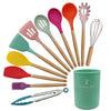 Cooking Utensils Set of 12 Silicone Kitchen Utensils With Solid Wood Handles and a Holder Bucket