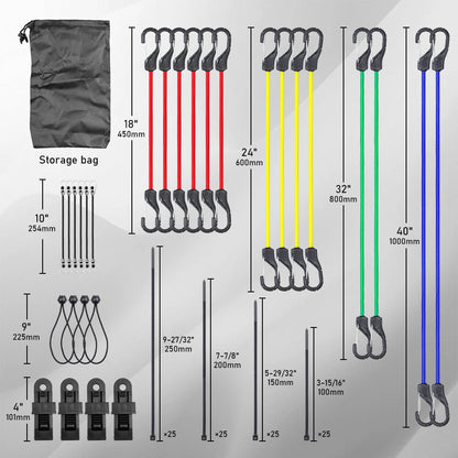 28pcs/32pcs/129pcs Bungee Cords Assortment Jar Includes Multiple lengths of Bungee Cord With Hooks,Trap Ball Ties And Tarp Clips