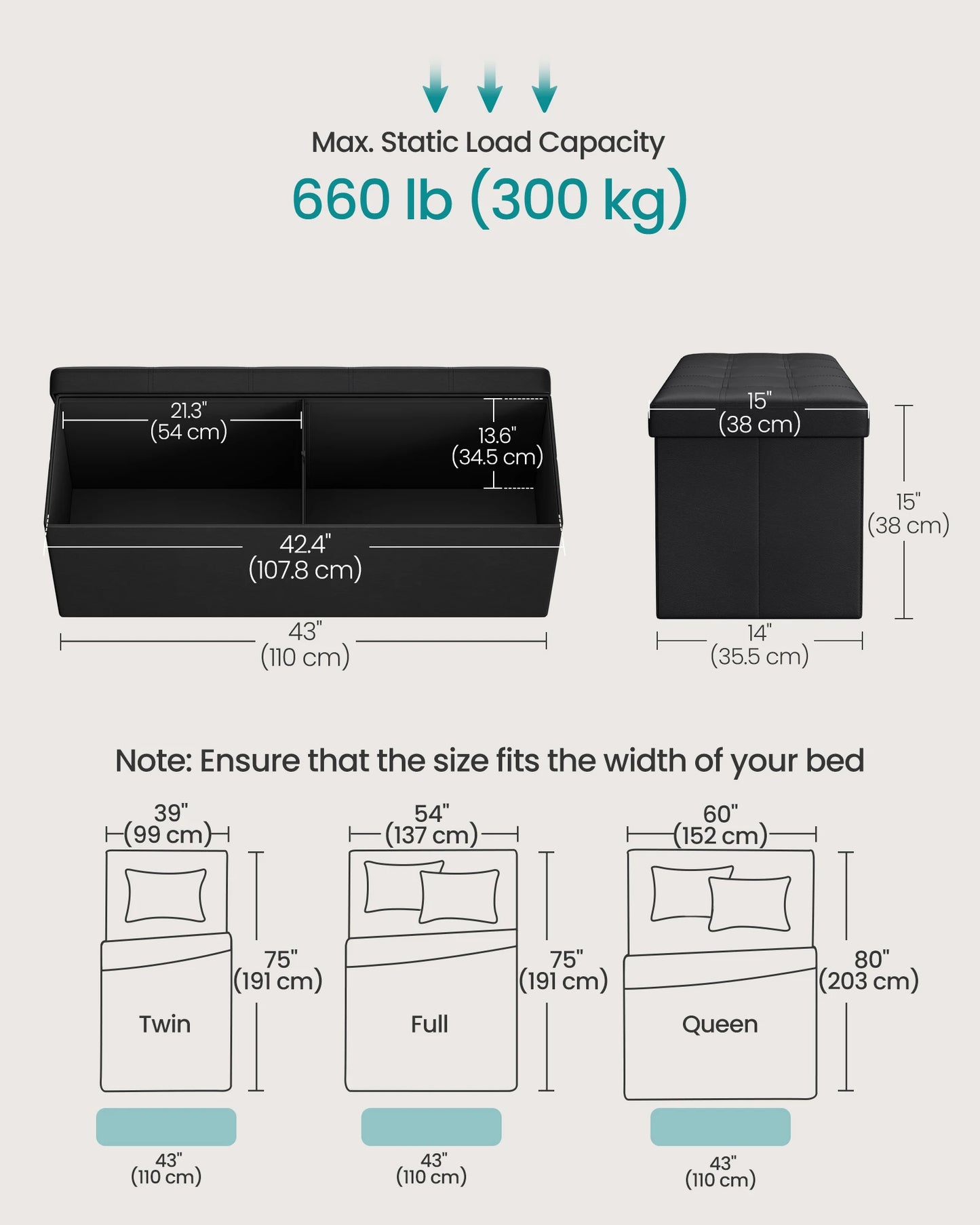 SONGMICS 43 Inches Folding Storage Ottoman Bench, Storage Chest, Footrest, Coffee Table, Padded Seat, Faux Leather
