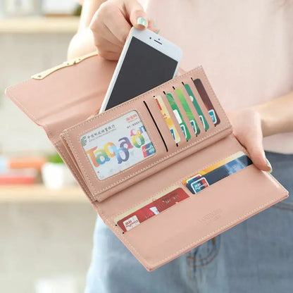 Women Student Cute Bowknot PU Leather Wallet Trifold Large Capacity Card Holder Money Purse Long Phone Handbag