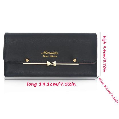 Women Student Cute Bowknot PU Leather Wallet Trifold Large Capacity Card Holder Money Purse Long Phone Handbag