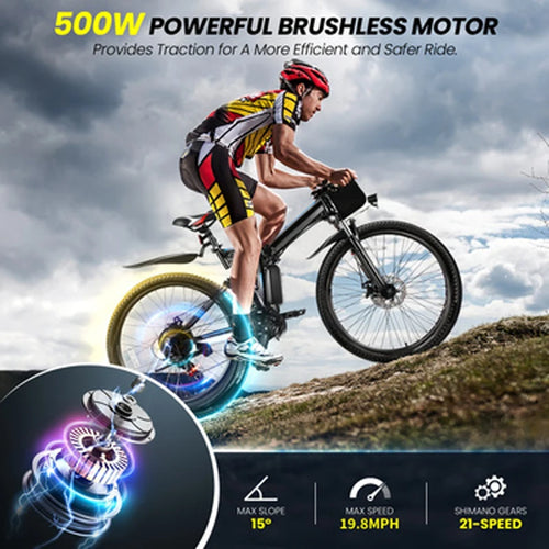 26" Folding Electric Bike for Adults, with 500W Motor,48V 20MPH Removable Battery, Up to 50Miles Range, Cruise Control