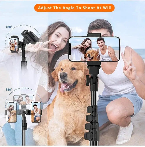 WEFOR Phone Tripod and selfie stick with remote, adjustable angle, capturing fun moments with friends and pets.