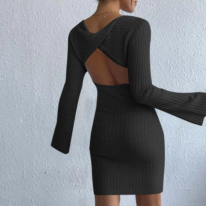 Solid Color High Quality Knitted Backless Dresses for Women Autumn Winter 2023 Elegant Long Sleeve Bodycon Casual Mini Dress