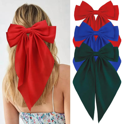 Hair Bows for Women Girls 3Pcs White Pink Black Silky Satin Large Bows Hair Clip Oversized Hair Ribbons Long Tail Big Hair Bows