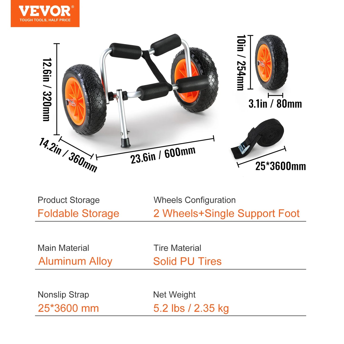 VEVOR Kayak Cart 250lbs Foldable Canoe Trolley Cart with 10'' Tires Support Foot for Paddleboards Float Mats Jon Boats