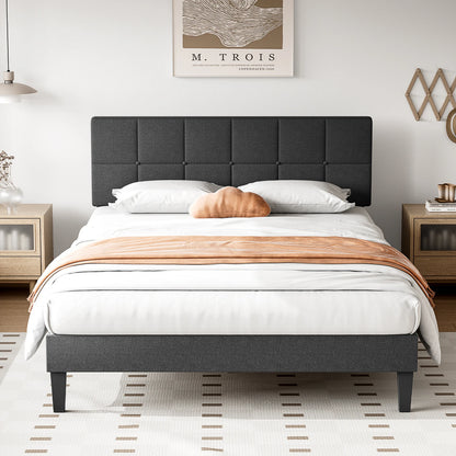 JHK Queen Bed Frame with Headboard No Box Spring Needed Linen Upholstered Wooden Platform Bed Frame with Wood Slats Support