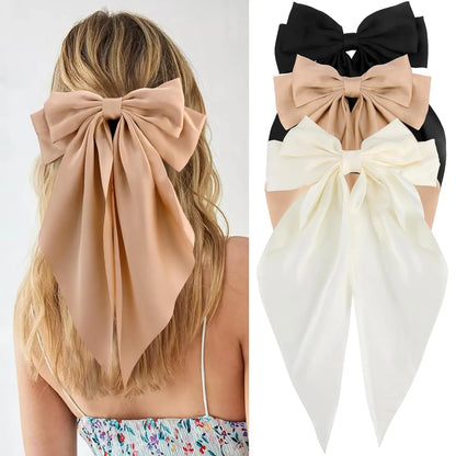 Hair Bows for Women Girls 3Pcs White Pink Black Silky Satin Large Bows Hair Clip Oversized Hair Ribbons Long Tail Big Hair Bows