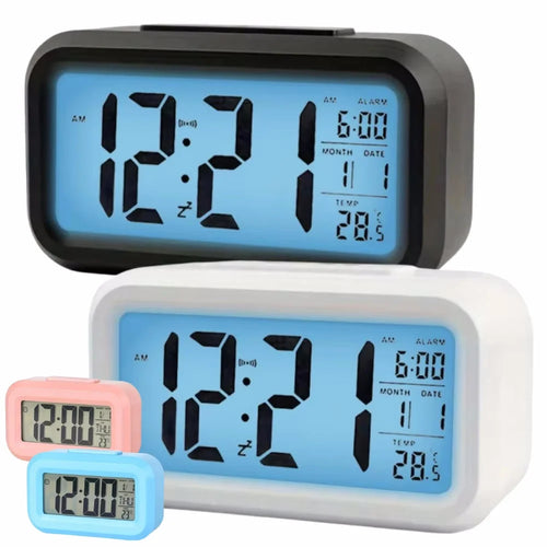 Smart Digital Alarm Clock Black White LCD Display with Temperature Calendar Timer Led Light for Bedroom Office (Without Battery)