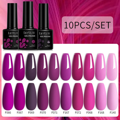 LILYCUTE 10PCS/Set Набір гель-лаків для нігтів Рожевий фіолетовий гель для нігтів Напівперманентний УФ світлодіодний лак Nail Art Design Soak Off Набір гелів для нігтів
