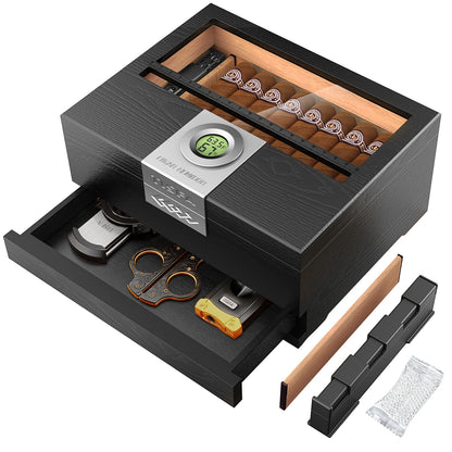 Cigar Box Humidor with Hygrometer and Humidifier, Cedar Wooden Case with Drawer, Divider, Length Gauge, Desktop Humidor Box Gift