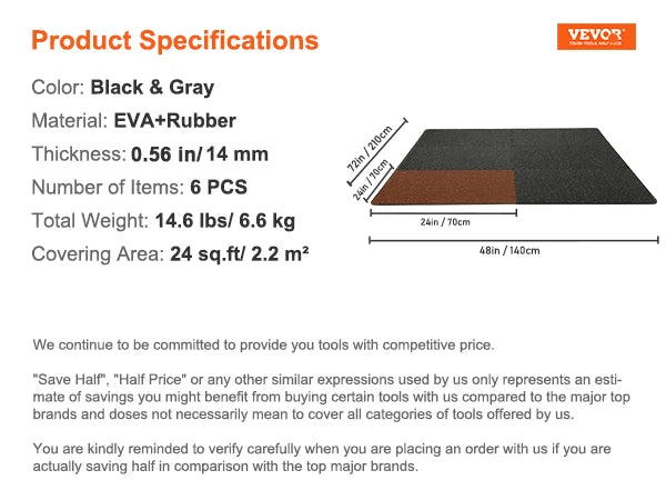VEVOR 25/12/6 PCS 1/2 inch Thick Gym Floor Mats EVA Foam & Rubber Top Interlocking Workout Floor Mats Waterproof Exercise Mats