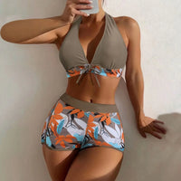 Shorts Bikinis Set  High Waist Swimsuit Women Swimwear 2 Pieces Plant Print Bathers Bathing Swim Suit Beachwear