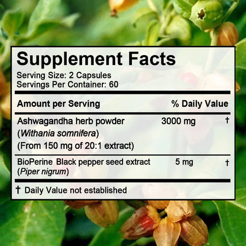 Ashwagandha 3000 mg, Black Pepper Extract, helps balance stress and manage mood, improves sleep quality