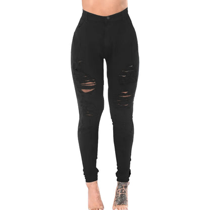 Fashion Hole Ripped Tassel Jeans Sexy High Waist Stretch Full Length Tight Denim Pants Women's Hip-lifting Distressed Trousers