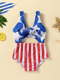 Youthful Girl s Patriotic  Swimsuit Sleeveless V Neck Cutout Beach Pool Swimwear Romper for 4th of July Celebrations