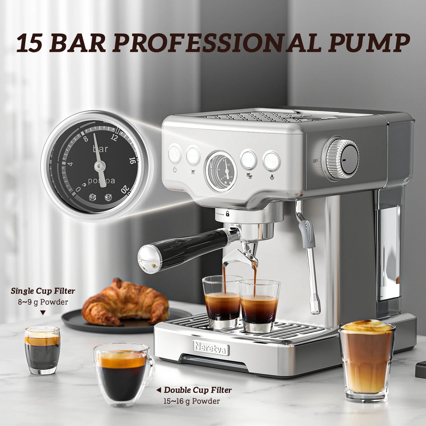 Neretva 15 Bar Espresso Machine with Milk Frother Steam Wand for Cappuccino, Latte, Macchiato, 1450W Professional Coffee Machine