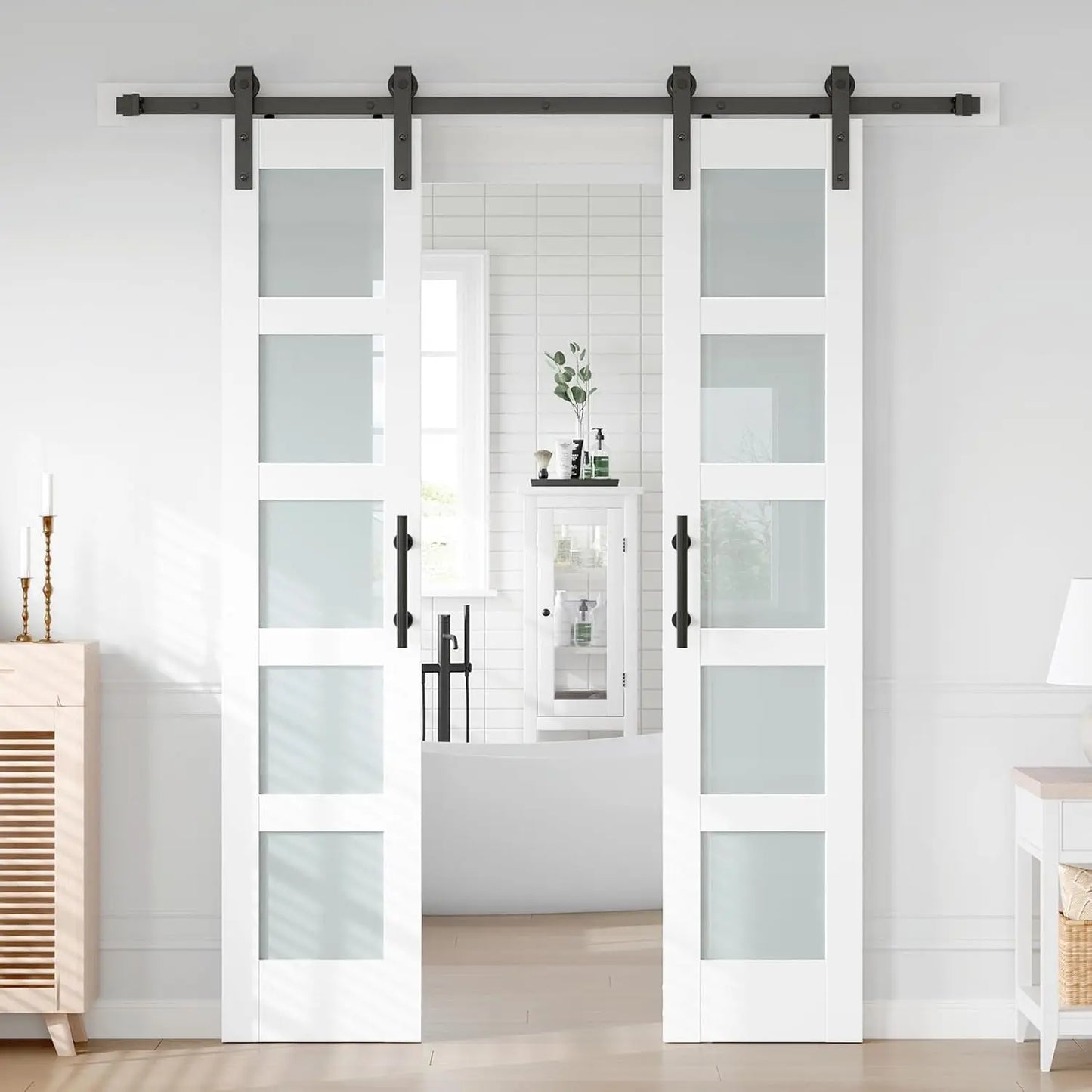 Double Glass Barn Door with Sliding Hardware Kit, 5-Panel Frosted Glass, Waterproof Surface, Ideal for Home or Office Use