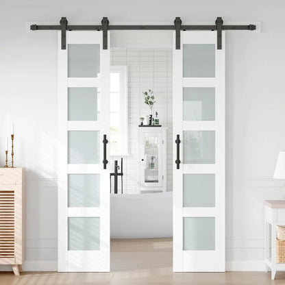 Double Glass Barn Door with Sliding Hardware Kit, 5-Panel Frosted Glass, Waterproof Surface, Ideal for Home or Office Use