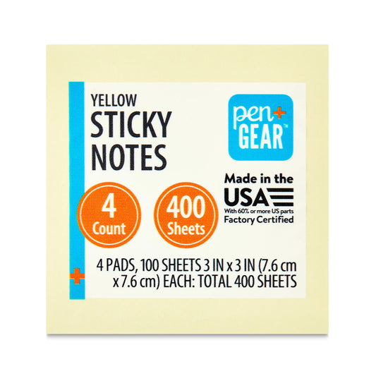 Sticky Notes, 3 X 3, Yellow, 400 Sheets, 4 Pads