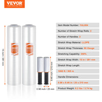 VEVOR 1/2/3/4 Packs Stretch Film 15 in Clear Shrink Film Roll Stretch Wrap with Handles for Pallet Wrapping Shipping Moving