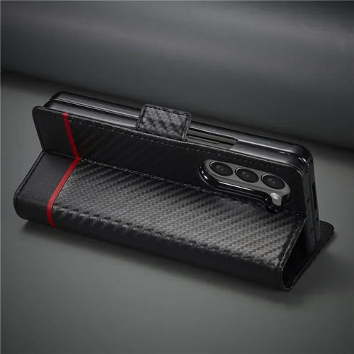 PU Carbon Fiber Leather Wallet Phone Case For Samsung Galaxy Z Fold 6 5 4 3 Magnetic Flip Book Holder Cover For Galaxy Z Fold6
