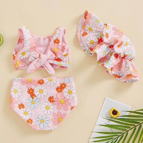 2022-12-13 Lioraitiin 0-4Years Toddler Girls Summer 3PCS Swimwear Sets Sleeveless Bow Tank Tops Floral PP Shorts Hat