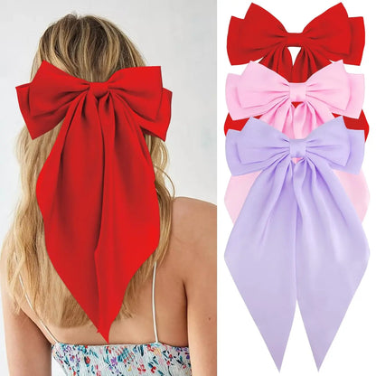 Hair Bows for Women Girls 3Pcs White Pink Black Silky Satin Large Bows Hair Clip Oversized Hair Ribbons Long Tail Big Hair Bows